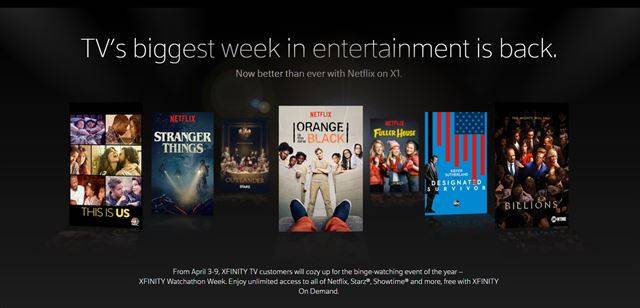 미국 컴캐스트의 '와차톤' 홍보 화면. 4월 3일부터 9일까지 일주일 동안 컴캐스트의 IPTV에서 넷플릭스, 스타즈, 쇼타임 등의 콘텐츠를 전부 무료로 볼 수 있다고 안내하고 있다. 컴캐스트 홈페이지 캡처