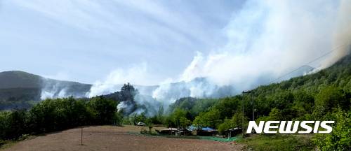 【삼척=뉴시스】김경목 기자 = 6일 오전 11시40분께 강원 삼척시 도계읍 점리 야산에서 발생한 산불이 초속 8ｍ 이상의 강한 바람을 타고 6시간째 번지고 있다. 2017.05.06. (사진=강원도 소방본부 제공)    photo@newsis.com