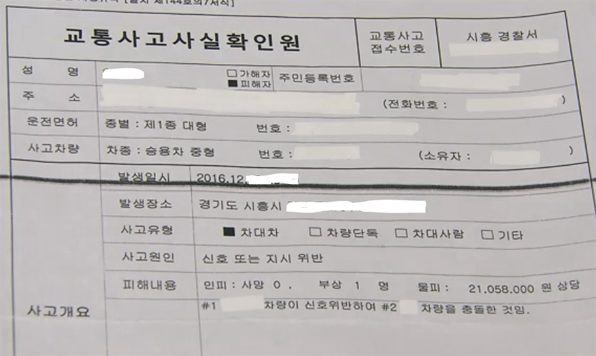 경찰 조사 결과 신호 위반으로 상대 측은 자동 형사처벌 대상이었다.