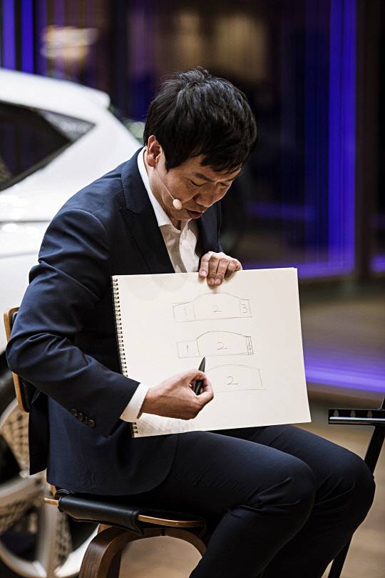 제네시스는 지난 27일 스타필드 하남에서 '제네시스 디자이너와의 만남'을 개최했다. 사진은 이상엽 현대차 상무가 관람객들의 이해를 돕기 위해 스케치북에 직접 그림을 그려 설명하고 있는 모습. 제네시스 제공
