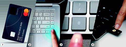 ①올 연말 마스터카드가 출시할 지문인식 신용카드. ②삼성전자의 지문인식 노트북. ③스웨덴 핑거프린트카드의 지문인식 센서를 탑재한 마이크로소프트 키보드. ④구글이 최근 오피스용 프로그램에 채택한 유비코의 보안키. /마스터카드·삼성전자·마이크로소프트·유비코