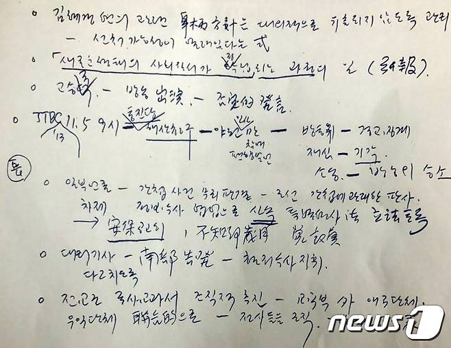 박수현 청와대 대변인이 14일 오후 청와대 춘추관에서 전 정부 민정수석실 자료를 캐비넷에서 발견했다고 밝혔다. 사진은 고(故) 김영한 민정수석의 '자필 메모' 문건. 2017.7.14/뉴스1 © News1 김명섭 기자
