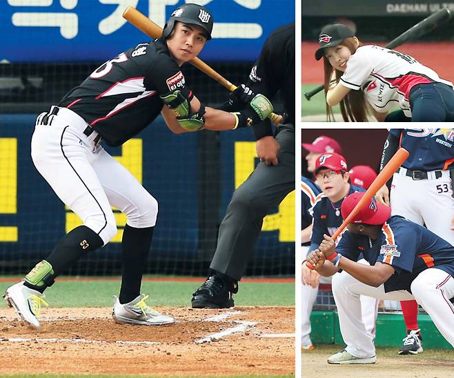 프로야구 현역 도루 1위인 KT의 이대형은 마치 엎드린 것 같은 특유의 타격 폼으로도 잘 알려져 있다. 이대형이 18일 LG 트윈스와의 경기 3회초 9번 타자로 타석에 선 모습(큰 사진). 이대형의 타격 폼은 워낙 독특해 (오른쪽 위부터) 걸그룹 멤버와 동료 선수들이 자주 따라 할 정도다. /MBC스포츠+ 캡처·연합뉴스