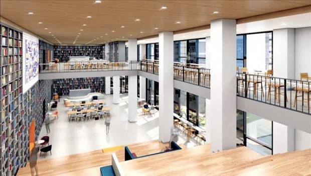 두산중공업이 경기 남양주시 호평동 옛 서울리조트 부지에 짓는 ‘두산 알프하임’ 조감도와 부대시설인 도서관 이미지.  두산중공업 제공