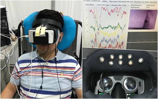 기자가 룩시드랩스 연구실에 방문해 가상현실(VR) 뇌파∙시선 측정 헤드셋을 착용한 뒤 동영상 시청과 연구원의 질문에 답을 하는 모습 /룩시드랩스 촬영