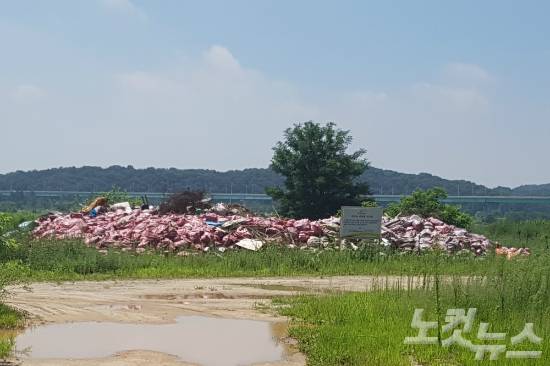 경기도 여주시 남한강변 주변에 장마에 따라 휩쓸려 내려온 온갖 쓰레기들이 적치돼 악취를 풍기고 있다. (사진=신병근 기자)