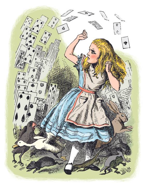 '이상한 나라의 앨리스 추리파일'(보누스) 중에서. Alice in Wonderland. Nothing but a pack of cards. At this whole pack rose up into the air, and came flying down upon her... Alice's Adventures in Wonderland. Illustration from John Tenniel, published in 1865.