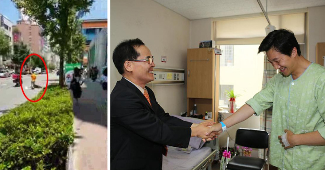 주황색티셔츠 아저씨 오종근(왼쪽) 씨와 병원에 입원중인 이원규 경장. &lt;사진=부산경찰 페이스북&gt;