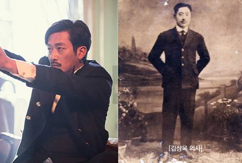 <암살> 속 ‘하와이 피스톨’역을 맡은 배우 하정우(왼)와 종로경찰서 폭탄투척 등 무장투쟁을 벌였던 김상옥 의사(오). 외모뿐 아니라 일본 검경과 시내 한복판에서 총격적을 벌인 일화까지 비슷한 점이 많다.