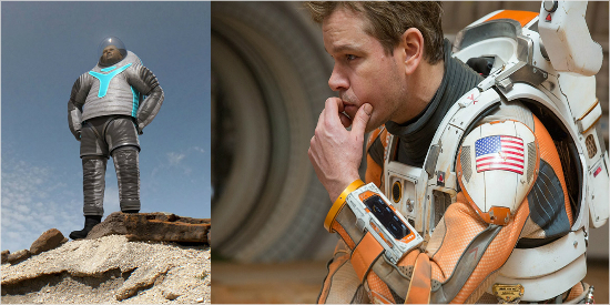 왼쪽은 나사의 차세대 우주복 Z-2시제품, 오른쪽은 영화상의 우주복(사진제공=폭스/나사)