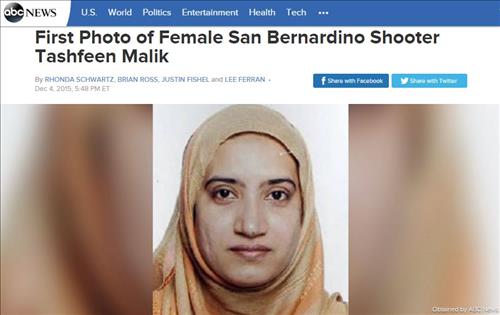 미국 캘리포니아 주 로스앤젤레스 동부 샌버나디노 시 테러를 저지른 주범 타시핀 말리크로 알려진 여성의 사진. 미국 ABC뉴스가 처음으로 공개했다<ABC뉴스 캡처>