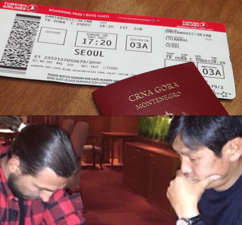 서울과 계약전 SNS계정에 올린 데얀의 한국행 비행기 티켓(위쪽)과 최용수 감독과 국내 호텔에서 만난 사진. 데얀 인스타그램