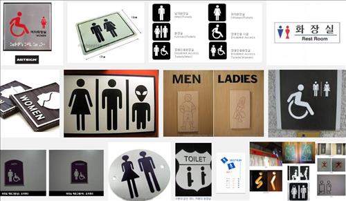 화장실의 남녀 구분을 표시한 구글의 이미지 검색 사례들. 전통 영어문법에선 명사나 대명사 등의 남녀 성별 구분이 뚜렷했으나  제3의 성이나 성별의 구별이 필요 없는 경우를 지칭하는 단어 및 용법의 사용이 늘어나고 있다.