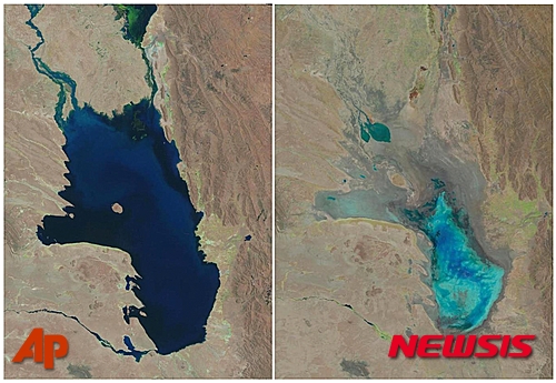 【 USGS·AP/뉴시스】미국지질조사국(USGS)인공위성이 포착한 볼리비아 포포 호수의 모습. 왼쪽은 1986년10월 11일에 찍었고, 오른쪽은 지난 16일(현지시간)에 찍은 것이다. 푸른 물이 들어찼던 호수의 수량이 안데스산맥 빙하가 사라지면서 급격히 줄어든 것을 한 눈에 알 수있다. 2016.01.21