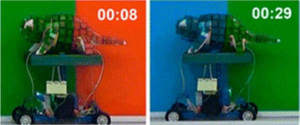 기계카멜레온이 3원색 바탕 벽을 지나갈 때 몸표면 색깔을 변화시키는 모습. 사진=ACS나노