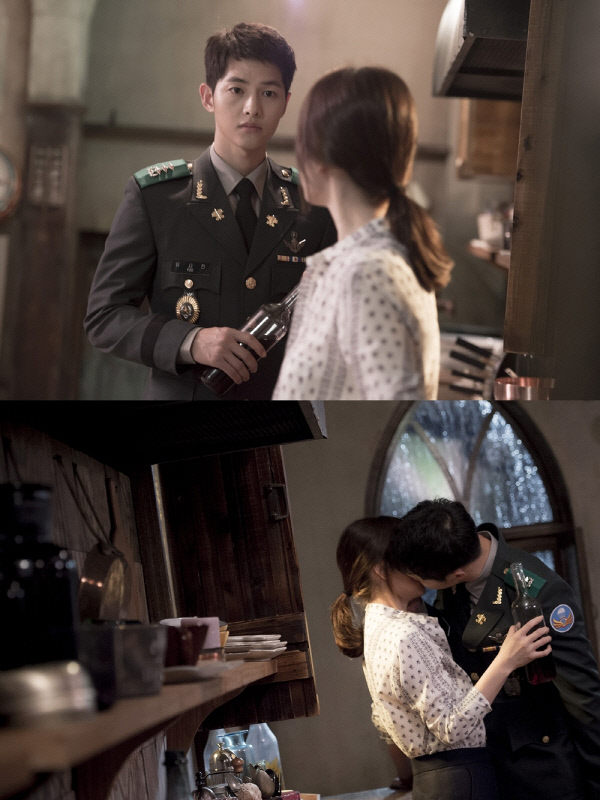 KBS2 ‘태양의 후예’은 송중기와 송혜교의 와인키스 장면이 방송되며 시청률 24.1%를 기록했다. 사진|KBS 제공