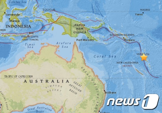 남태평양 바누아투에서 30일(현지시간) 규모 5.1의 강진이 발생했다. (미국지질조사국(USGS) 캡처) © News1
