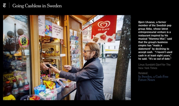 뉴욕타임즈가 지난해 말 소개한 스웨덴의 '현금 없는 사회' / NYT홈페이지 캡처