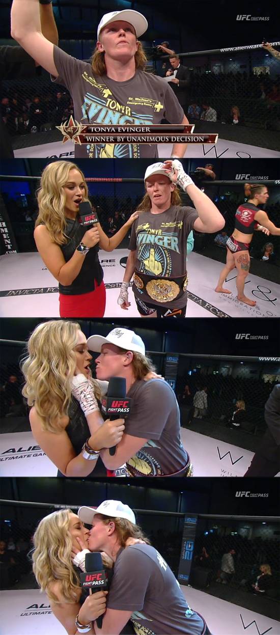 ▲ 레즈비언 파이터 토냐 에빙거가 로라 샌코에게 기습 키스했다. ⓒUFC 파이트 패스 캡처