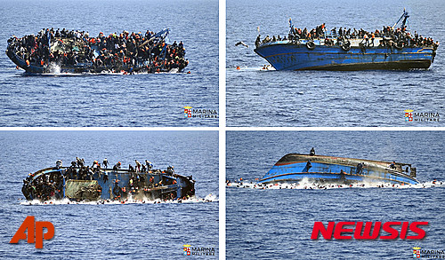 【이탈리아해·AP/뉴시스】25일(현지시간) 리비아와 가까운 지중해에서 정원을 초과한 난민을 태운 선박이 침몰, 최소 7명이 사망하고 총 562명의 난민이 구조됐다. 이탈리아 해군은 이날 리비아 연안에서 침몰한 저인망 어선에서 난민 562명을 구조하고 시신 7구를 수습했다고 밝혔다. 사진은 이탈리아 해군이 촬영해 공개한 난민선 전복 장면. 2016.05.26.