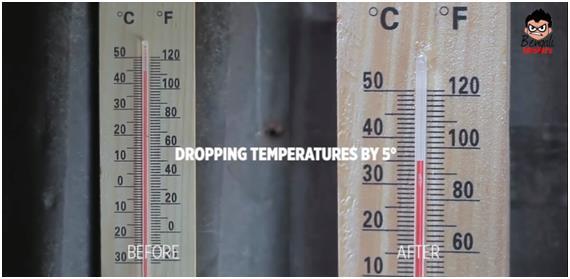 ‘에코 쿨러’를 설치하기 전과 후의 온도차를 비교한 영상 속 장면. 섭씨 45도에 육박하던 온도계는 35도 가량으로 뚝 떨어져 있다. 유튜브 영상 캡쳐