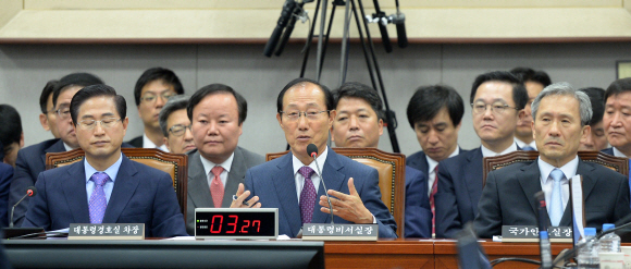 1일 국회에서 열린 운영위원회 전체회의에서 이원종(가운데) 대통령 비서실장이 의원들의 질문에 답하고 있다. 박지환 기자 popocar@seoul.co.kr