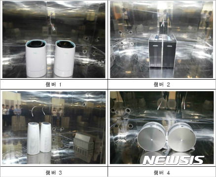 공기 청정기와 에어컨 등에서 쓰이는 일부 항균필터에서 유독 물질이 방출된다는 사실이 확인됐다. 사진은 관련 제품에 대한 실험 장면.  환경부 제공