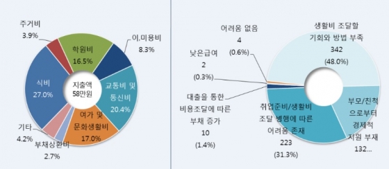 청년들의 월평균 지출현황과 지출비용 조달의 어려움 조사 결과./자료=서울시