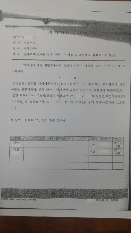 평택경찰서장에게 보고된 2015년 11월 민중총궐기 집회 참가자 수사 관련 내사 문건 보고서.