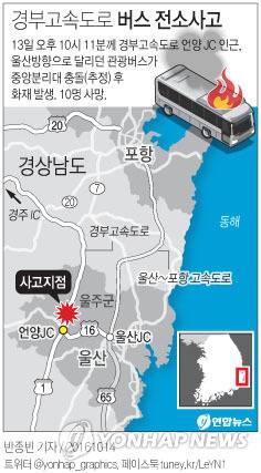 (서울=연합뉴스) 반종빈 기자 = 13일 오후 10시 11분께 울산시 울주군 언양읍 경부고속도로 언양 JC 인근 관광버스에서 불이나 수십병의 사상자가 발생했다. bjbin@yna.co.kr