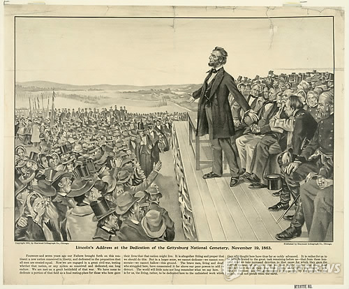 미국의 16대 에이브러햄 링컨 대통령이 1863년 11월 19일 펜실베이니아주 게티즈버그 국립묘지 봉헌식에서 연설하는 모습의 그림으로 1905년 작품. [AP/미국 의회도서관=연합뉴스 자료사진]