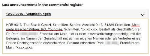 독일 기업정보 사이트 '콤팔리'에 기재된 '상업등기상 최근 발표'. 20일자 '변경'란에 '고영태씨는 이제 대표가 아님'이라고 나와 있다. [사이트 화면 캡처]