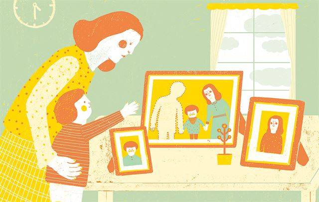 "하늘나라에 간 아빠는 언제 돌아오나요?" 묻는 아이에게는 아빠의 사진을 함께 보며 아빠 이야기를 실컷 하는 것이 좋다. 아빠의 흔적을 지우거나 감춰서는 안 된다. 일러스트 김경진 기자