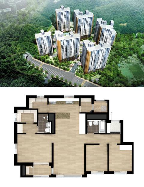 경기도 용인 수지구 동천지구에 들어서는 ‘동천파크자이’의 완공 후 예상 모습. 단지는 사방이 공원과 녹지로 둘러싸여 있고 남향 중심으로 아파트 동을 배치해 채광과 통풍이 잘된다. /GS건설