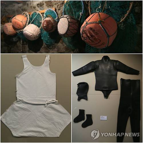 (제주=연합뉴스) 변지철 기자 = 제주 해녀는 조선시대부터 '물옷'이라 일컬어지는 재래작업복을 입기 시작했고, 각종 다양한 도구를 만들어 사용했다. 위에서 시계방향으로 해녀가 물질할 때 쓰는 도구인 테왁망사리, 1970년대 일본에서 들어온 잠수복, 해녀들이 즐겨 입었던 물소중이의 모습. 제주해녀박물관에서 촬영. 2016.11.30 bjc@yna.co.kr