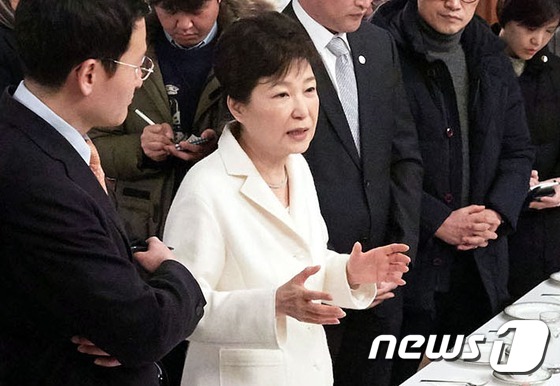 박근혜 대통령이 지난 1일 오후 청와대 상춘재에서 출입기자단과 신년 인사회를 겸한 티타임을 갖고 참석자들의 질문에 답하고 있다.(청와대 제공)/뉴스1 © News1 이광호 기자