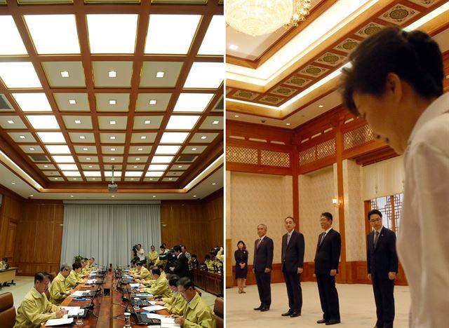 청와대 본관 내부의 특징은 높은 천장. 2층 집현실(왼쪽)과 1층 충무실.