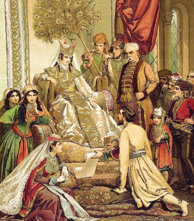 A painting of Shota Rustaveli presenting Queen Tamar a poem produced by Mihaly Zichy (Wikipedia)