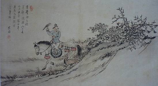 잘 치장한 말 위에 올라탄 매 사냥꾼이 덤불 속 사냥감을 살피는 순간을 담아낸 단원 김홍도의 귀인응렵(貴人鷹獵). 지본담채, 31.7x51.5cm, 간송미술관 소장