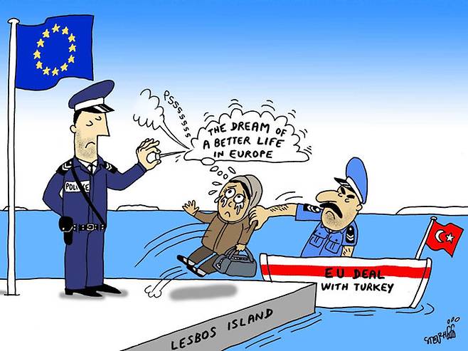 EU와 터키의 난민송환협정을 비꼰 만평