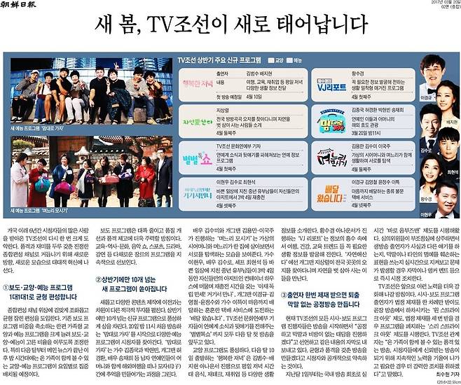자사 종편 <TV조선>의 쇄신 계획을 밝힌 지난 20일치 <조선일보> 지면.