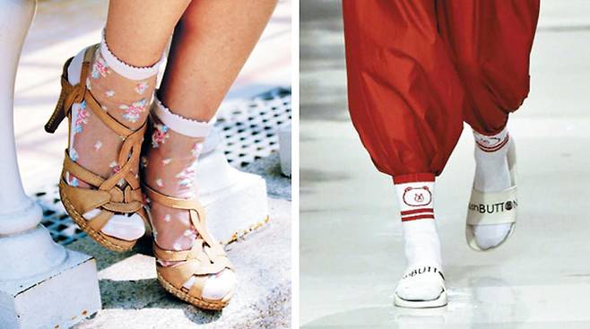 속이 비치는‘시스루’소재에 꽃무늬를 수놓은 비비안의 양말(왼쪽). 모바일 메신저‘라인’캐릭터를 넣은 푸시버튼의 양말. /비비안·서울패션위크