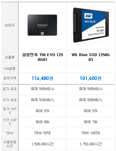 삼성 750 EVO 시리즈와 WD Blue SSD의 사양 비교