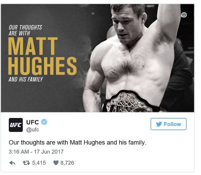 열차 충돌 사고로 잃은 의식을 이틀 째인 18일(현지시간)까지 차리지 못하고 있는 맷 휴즈.UFC 공식 트위터 갭처
