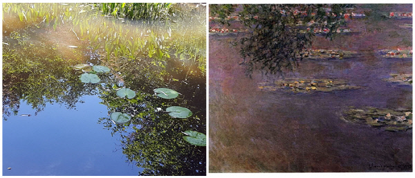 연못이 마치 거울처럼 주변 풍경을 담아내고 있다. 모네는 명상하듯 오랜 시간 연못을 관찰하곤 했다.