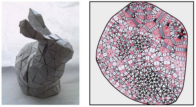 종이접기 프로그램을 이용해 374번의 접힘만으로 완성된 종이 토끼. 이를 컴퓨터 패턴으로 표현한 모양. 미국 매사추세츠공대 제공 종이접기 프로그램을 이용해 374번의 접힘만으로 완성된 종이 토끼. 이를 컴퓨터 패턴으로 표현한 모양. 미국 매사추세츠공대 제공