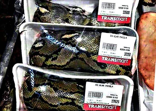 대형마트에서 투명 랩에 포장돼 팔리는 비단구렁이. 자카르타=연합뉴스