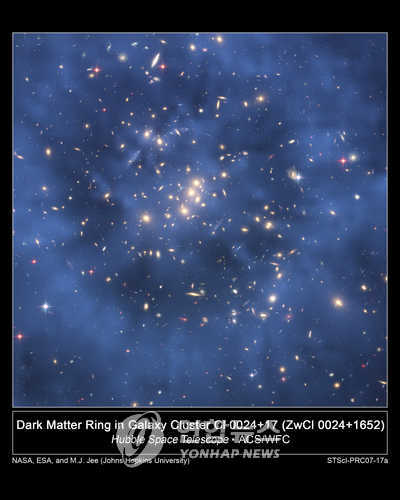 미국 존스홉킨스대 지명국 박사 연구팀이 2007년 5월 허블우주망원경을 이용해 지구로부터 50억광년 떨어진 은하단 Cl 0024+17에서 발견한 암흑물질 고리. 사진에서 가운데 밝은 은하들을 둥근 형태로 둘러싸고 있는 푸른 빛의 고리가 바로 암흑물질의 분포에 의해 생성된 것으로 추정된다. 과학자들은 이 고리가 지금까지 이루어진 암흑물질 연구에서 가장 확실하게 암흑물질의 존재를 입증해주는 증거로 보고 있다.   [미항공우주국(NASA) 제공=연합뉴스]