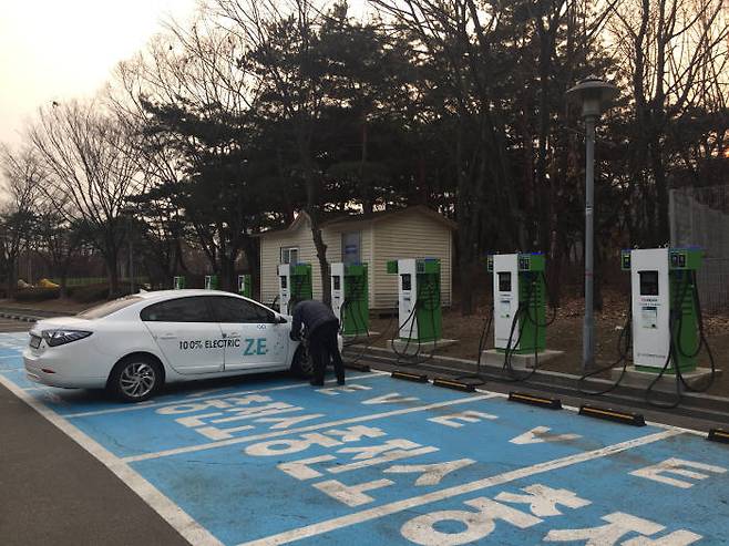 한국전력이 지난해 말 서울 상암월드컵경기장 구축해, 운영 중인 개방형 전기차 급속 충전소.
