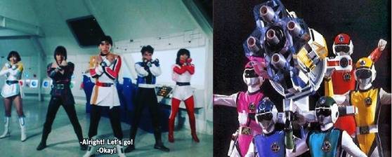 후뢰시맨 변신 전과 후의 모습. 오른쪽은 롤링벌컨을 들고 있는 후뢰시맨들의 모습. [중앙포토]